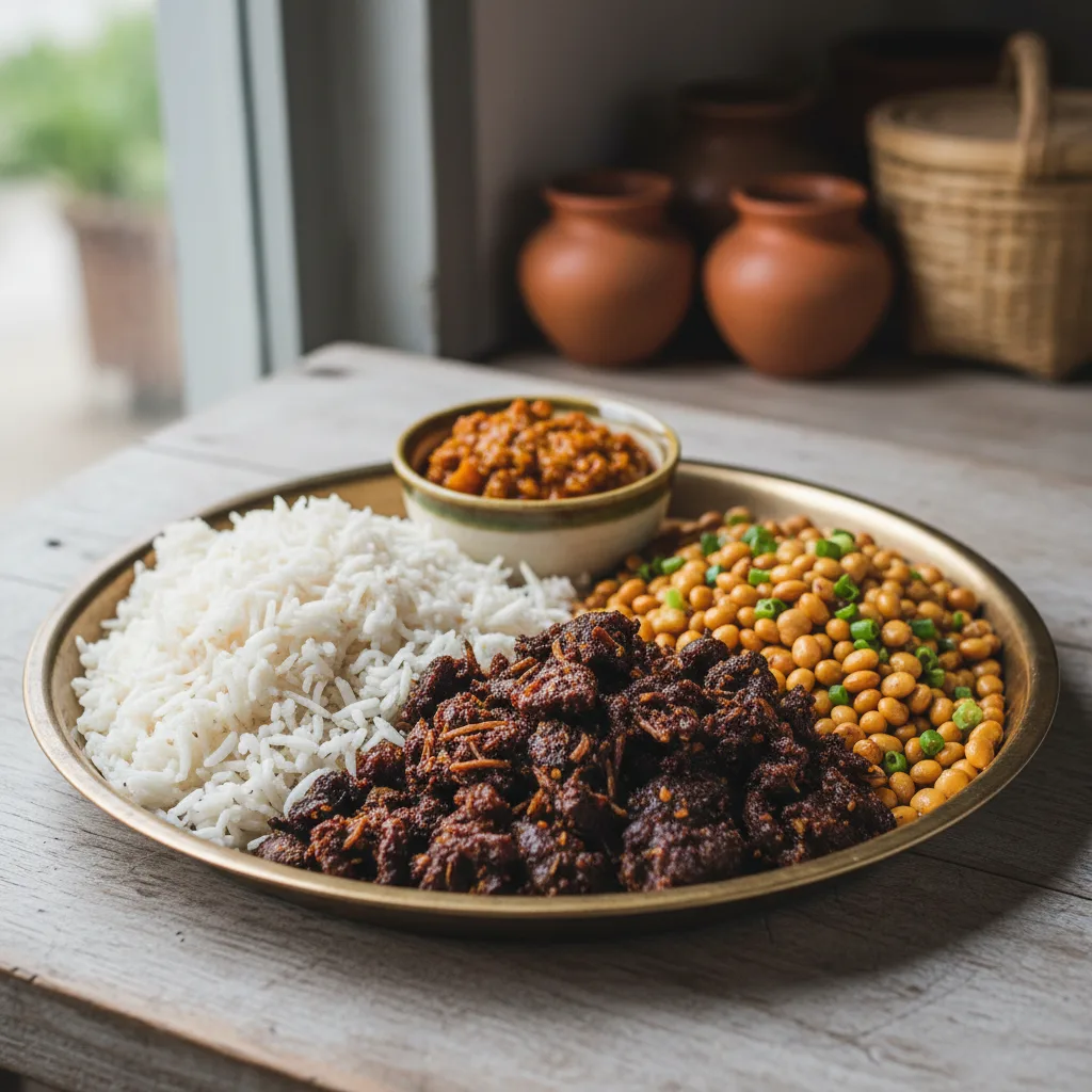 A metal plate holding dried buffalo meat, beaten rice, roasted soybeans, and spicy pickles.