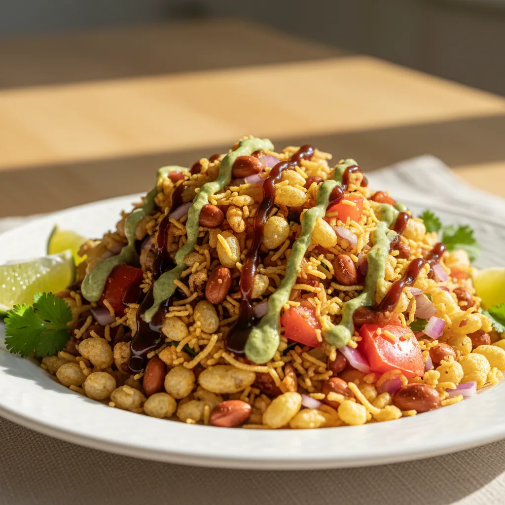 A plate of Bhel Puri Chaat with rice flakes, peanuts, and tamarind chutney.