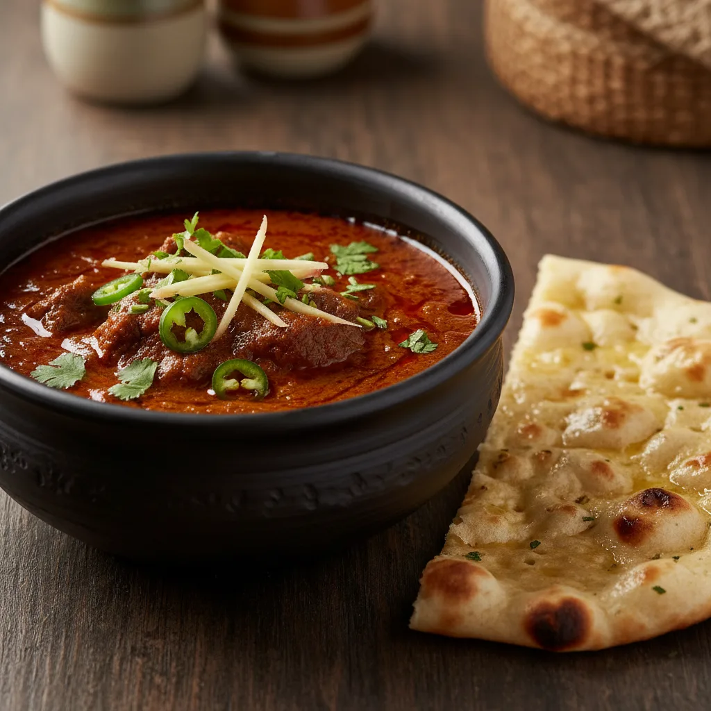 A bowl of rich, dark Beef Nihari stew garnished with fresh ginger and cilantro, served with warm naan bread.