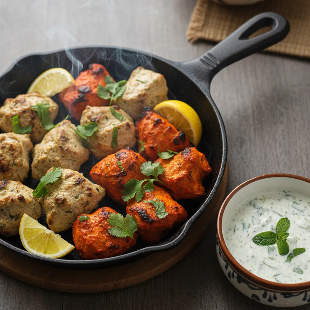 A skillet of grilled chicken pieces in two different marinades, served with fresh lemon and a side of raita.
