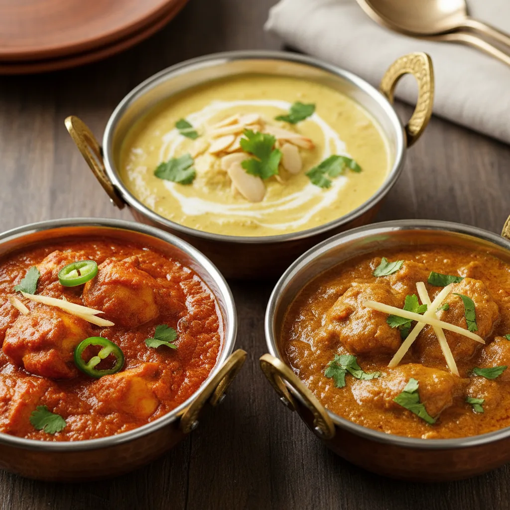 Three copper bowls holding different chicken curries garnished with cilantro and ginger on a wooden table.