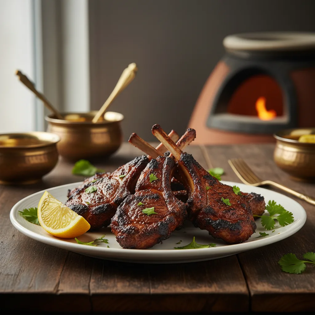 Five charcoal-grilled lamb chops on a plate with lemon and cilantro.
