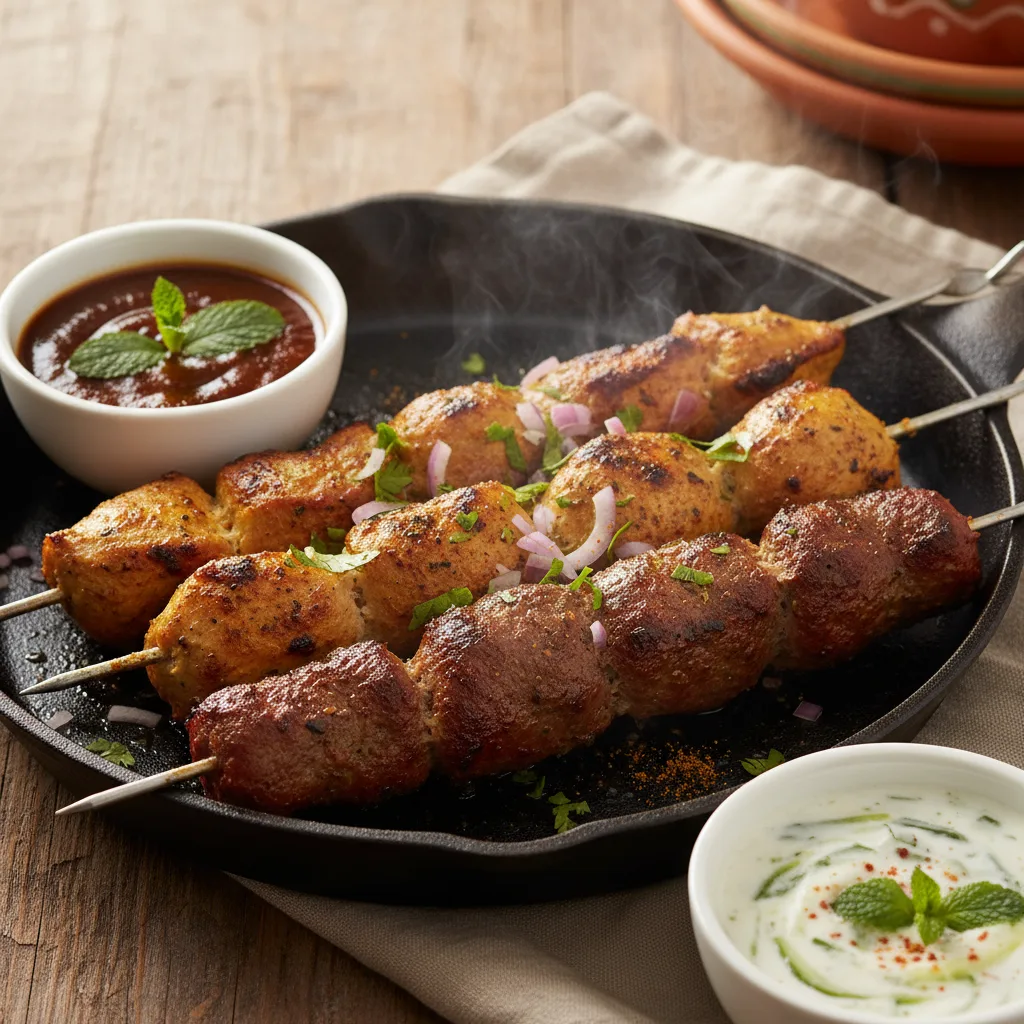 A sizzling skillet of grilled chicken and beef kababs with tamarind chutney and raita.