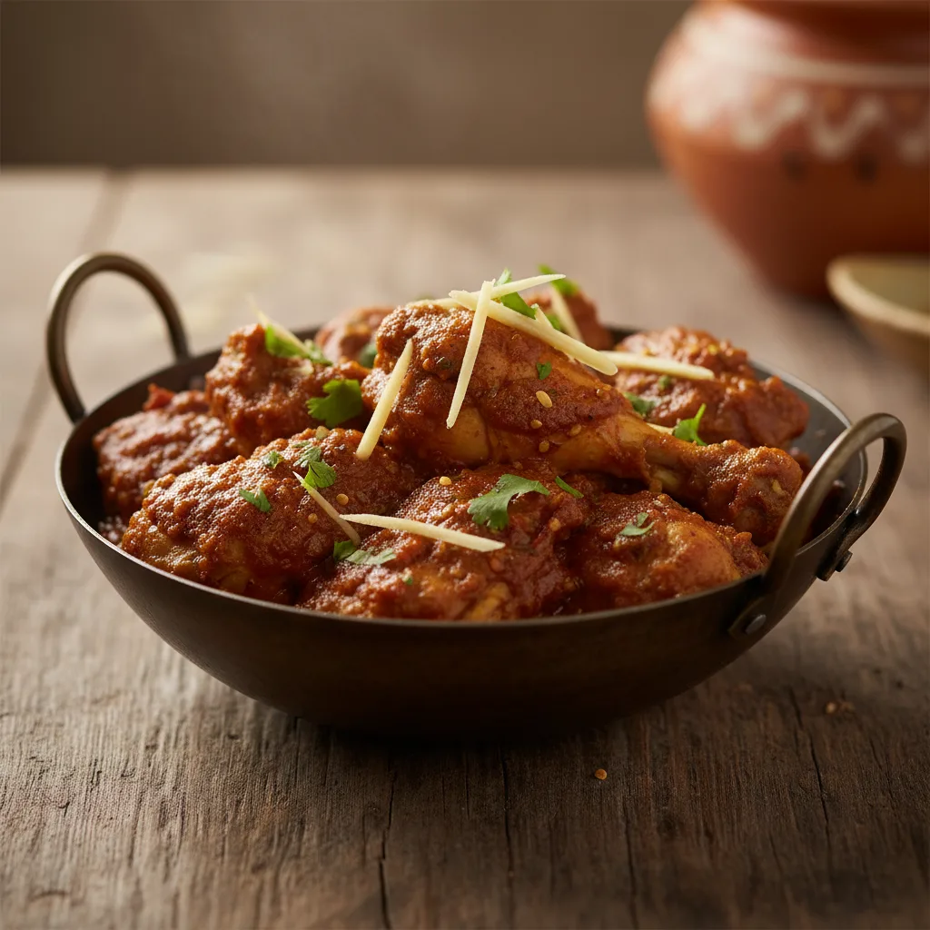 A metal pan holding a thick chicken curry garnished with fresh ginger and cilantro.