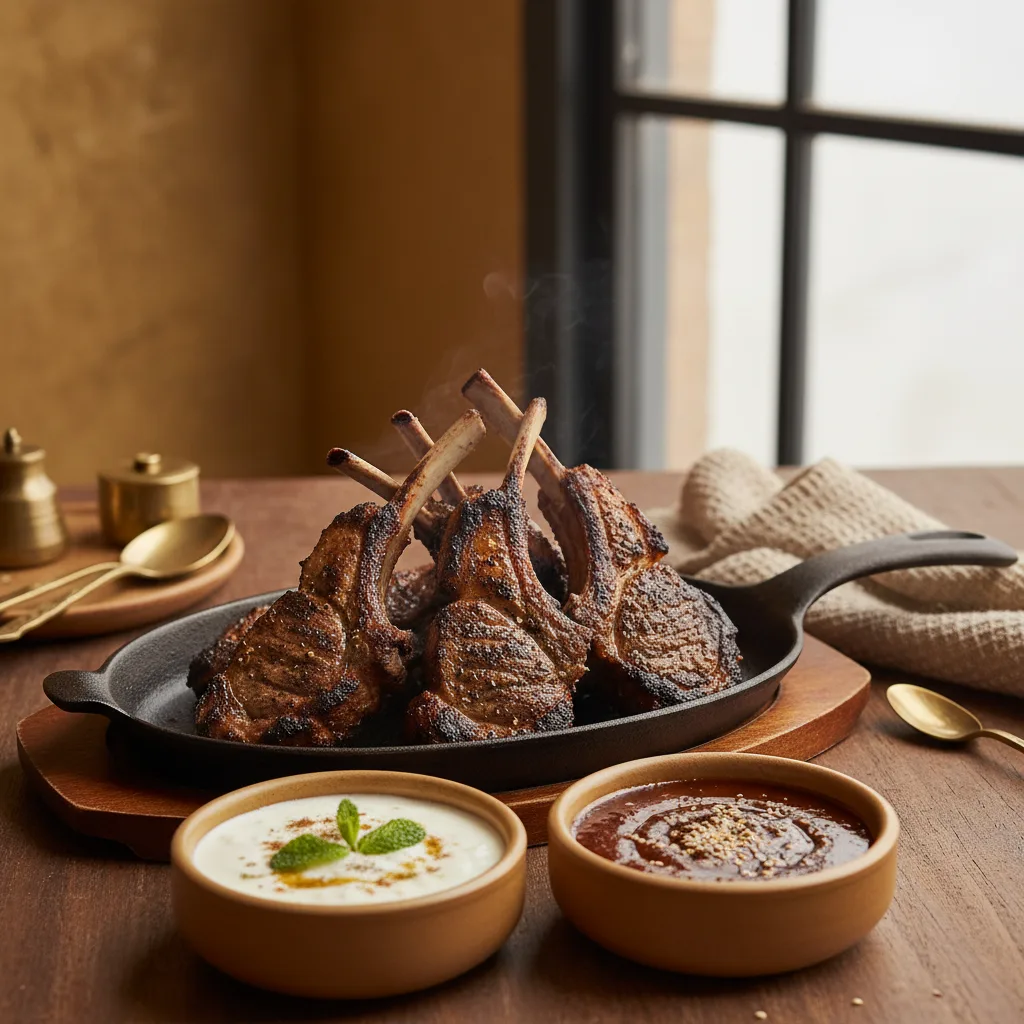Five grilled lamb chops on a skillet with small bowls of raita and tamarind chutney.