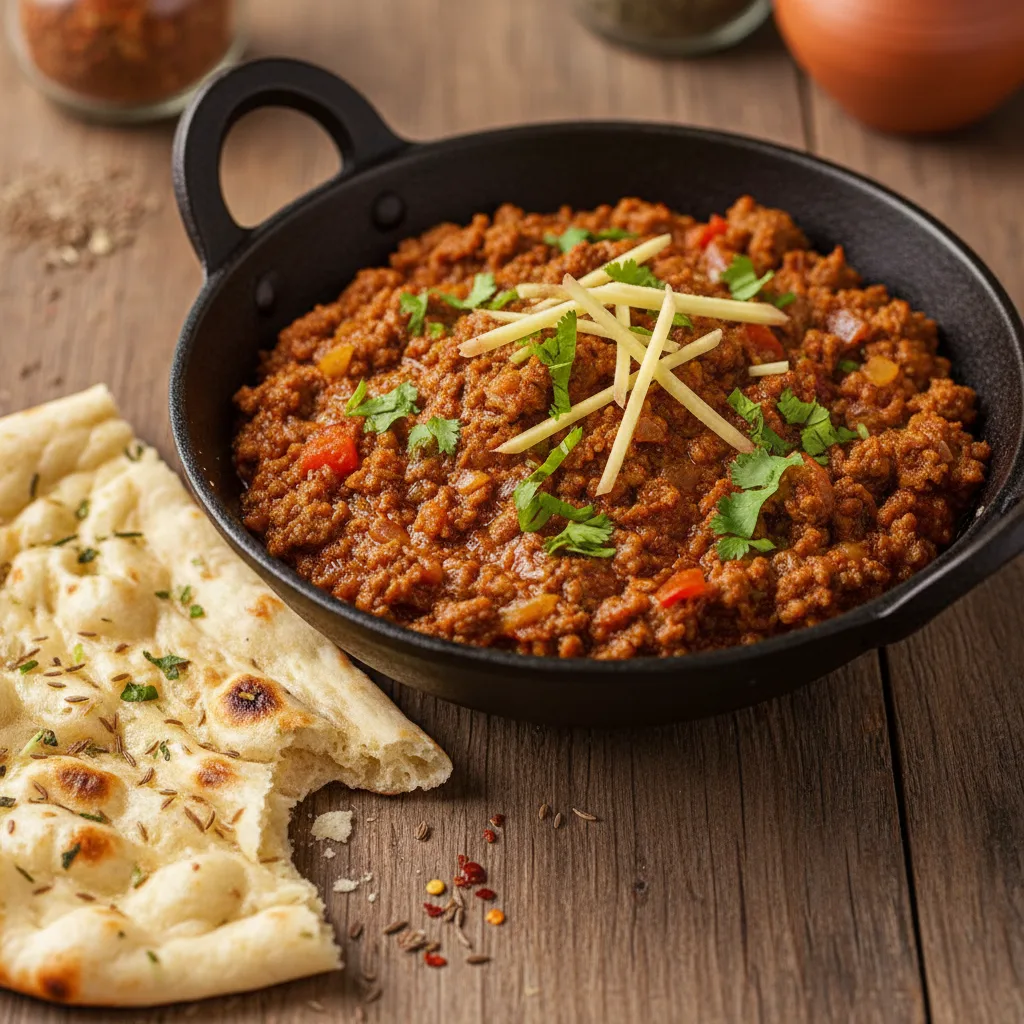 A bowl of goat karahi keema topped with cilantro and ginger, served with naan.