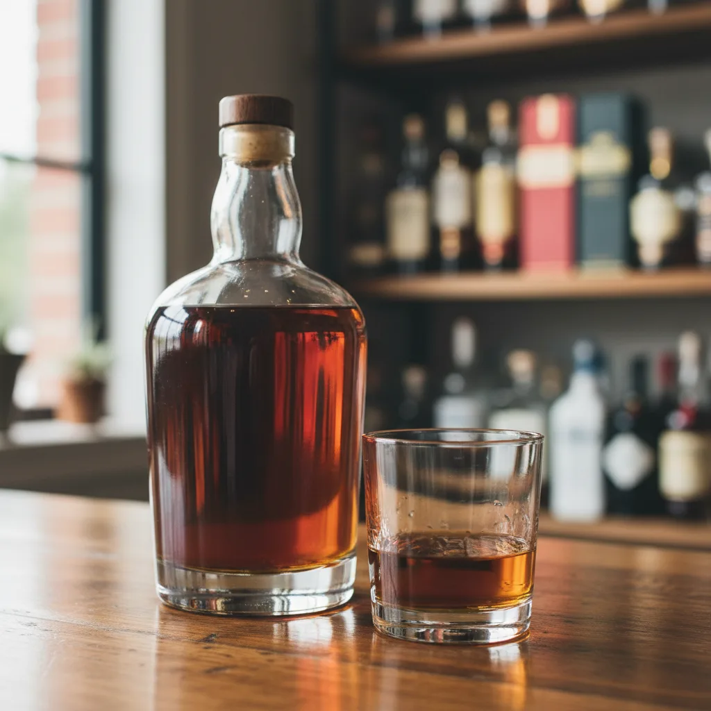 A bottle of dark amber whiskey next to a poured glass on a wooden counter.
