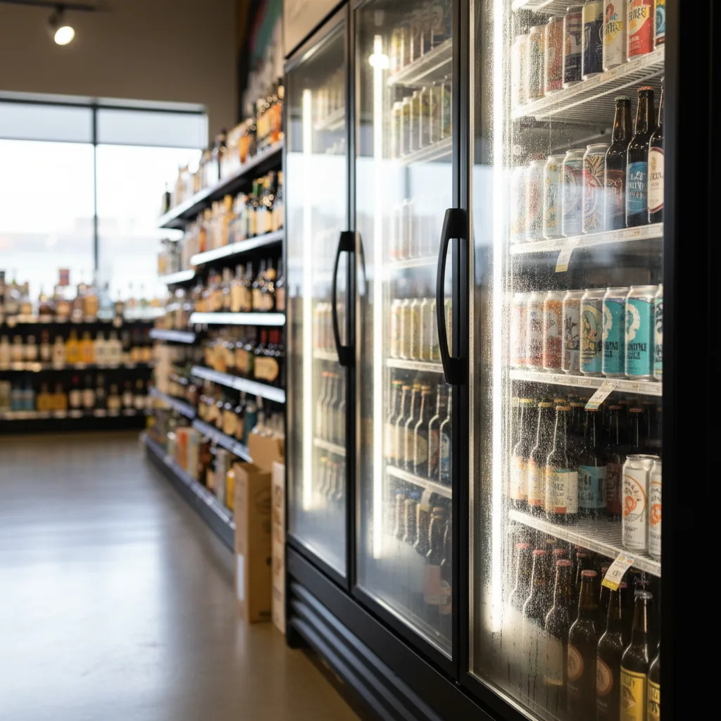 Rows of beer cans and bottles inside a glass-door refrigerator with condensation on the glass.