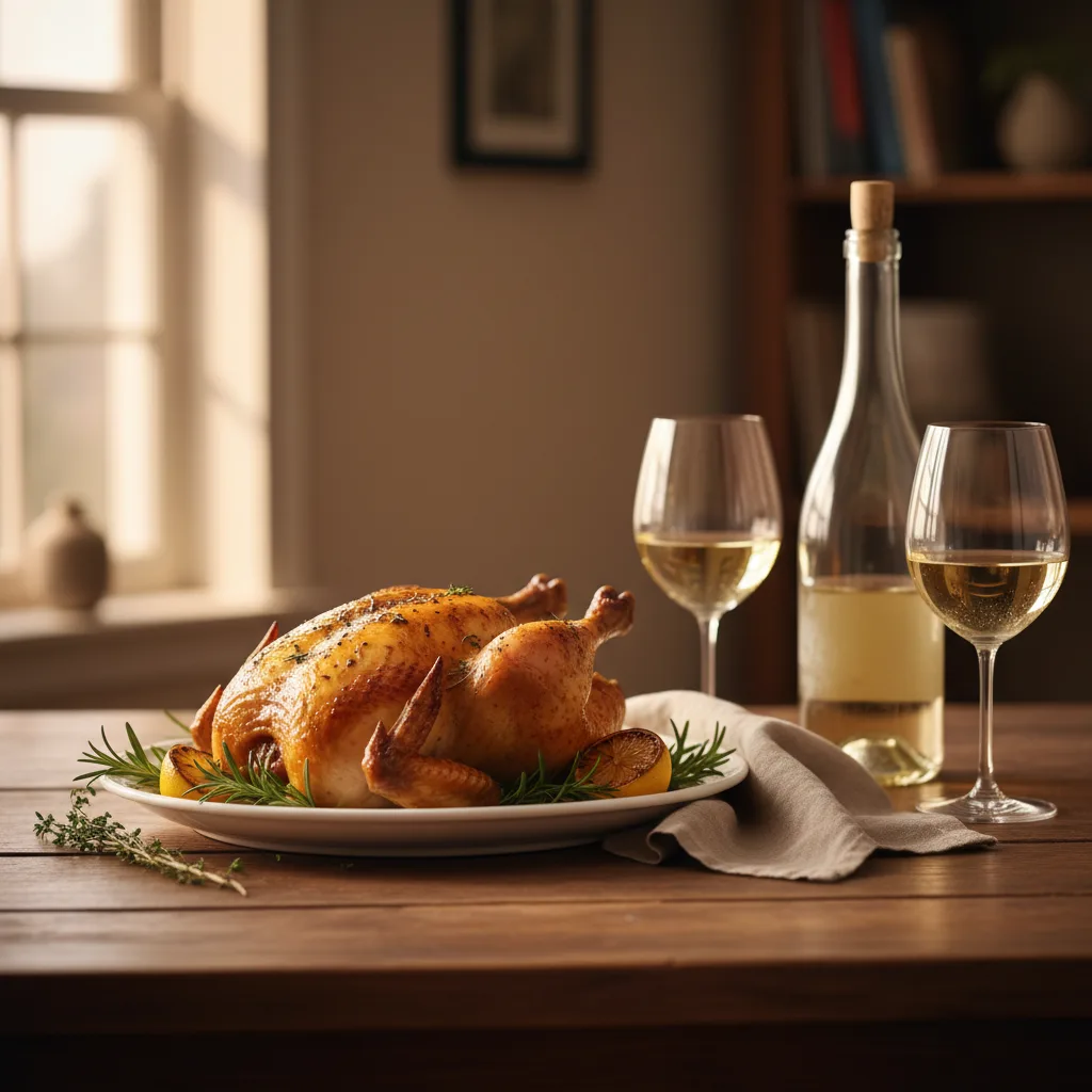 A roasted chicken with lemons and herbs on a wooden table next to an open bottle of white wine and two filled glasses.