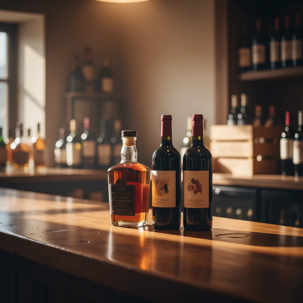Glass bottles of bourbon and red wine sitting on a wooden checkout counter in a warmly lit shop.