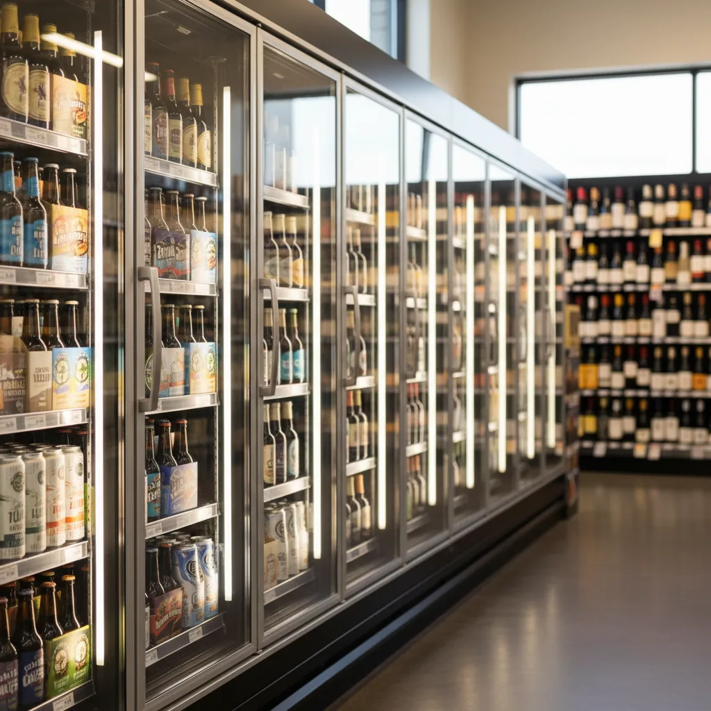 Glass doors of a store cooler displaying rows of beer, with wine shelves in the background.