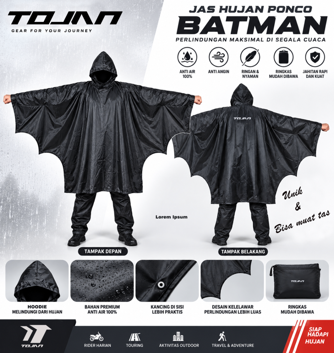 Jas Hujan Setelan Ponco Batman TOJAN Parasut Premium 70D Muat Backpack