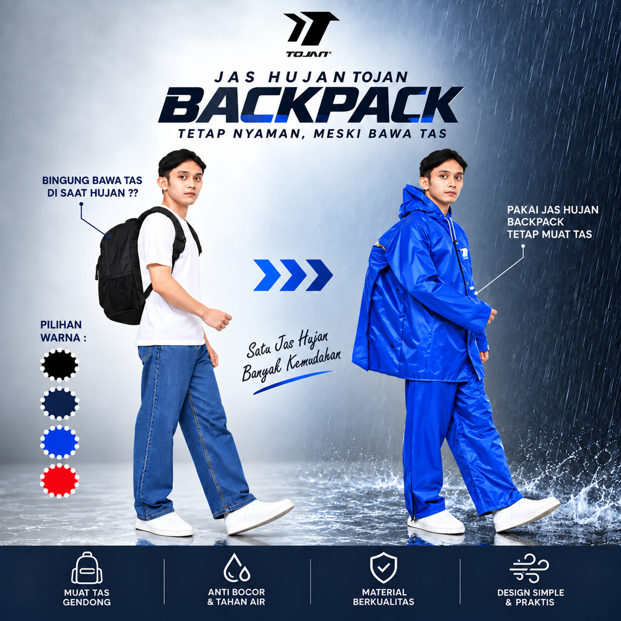 Jas Hujan Backpack TOJAN Parasut 70D PVC Muat Tas Gendong Motor