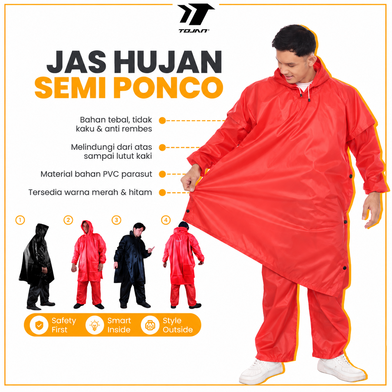 Jas Hujan Setelan Semi Ponco TOJAN PVC Parasut Lengan Dilengkapi Celana