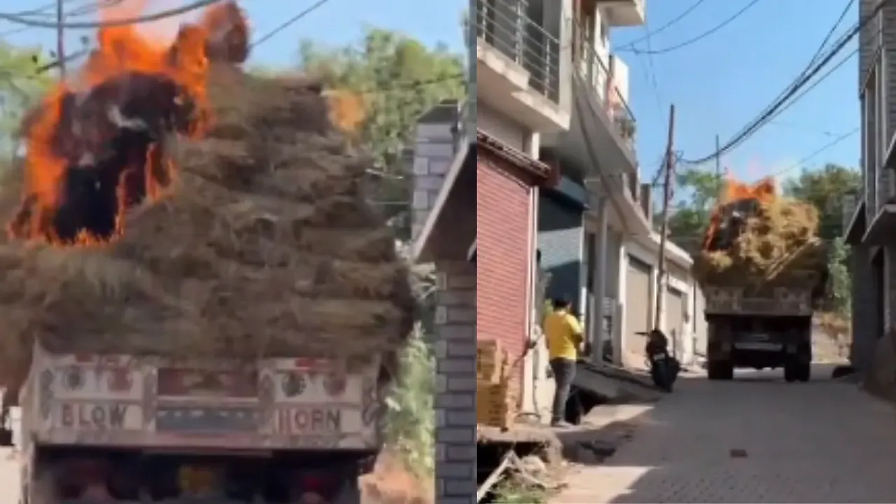 Burning Truck Moves Through Narrow Lane as Live Wires Hang Overhead in Jammu and Kashmir
