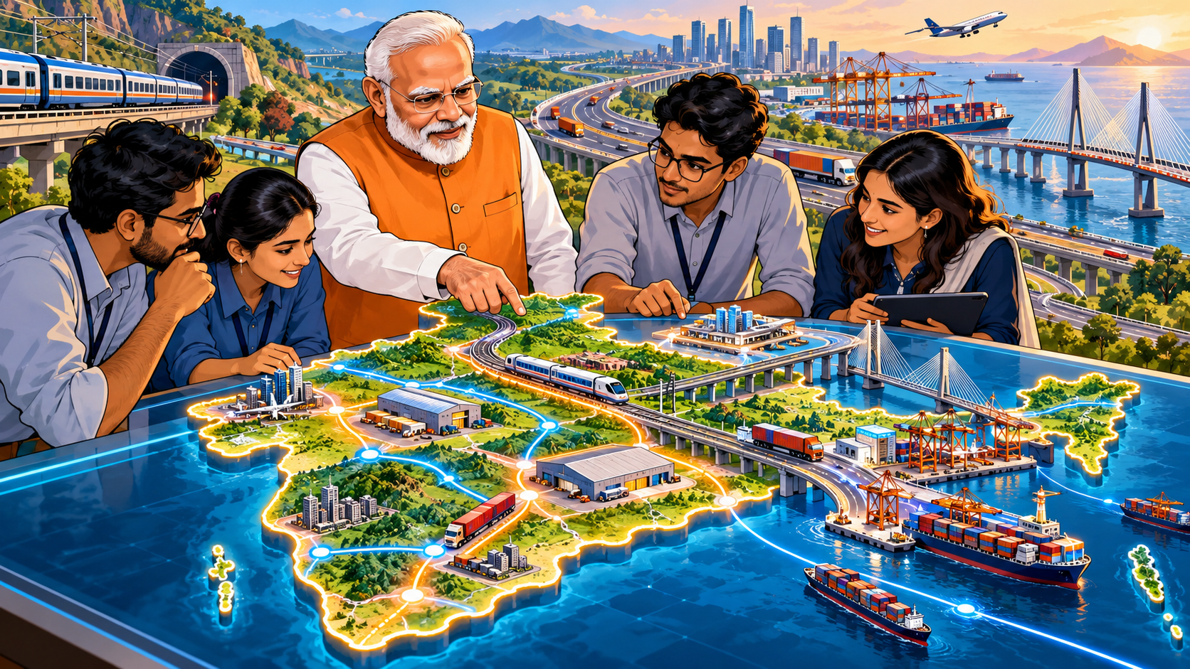 A caricature of Prime Minister Narendra Modi with engineers around an imagined infrastructure planning table.