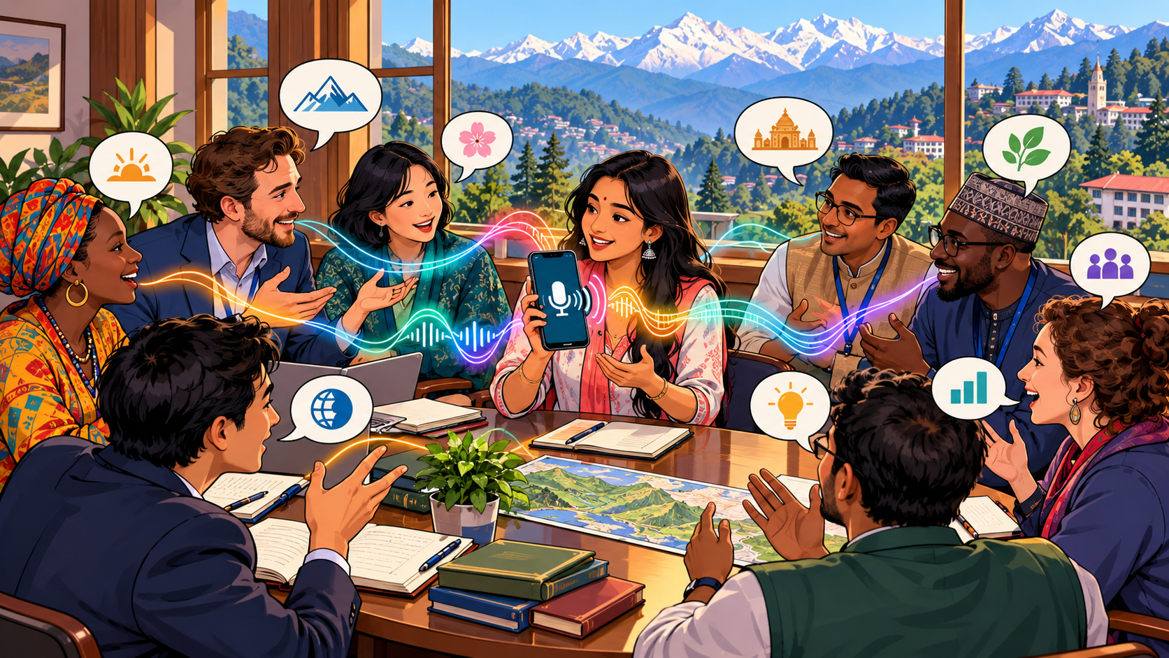 An imagined multilingual training discussion supported by voice AI in the Himalayan foothills.