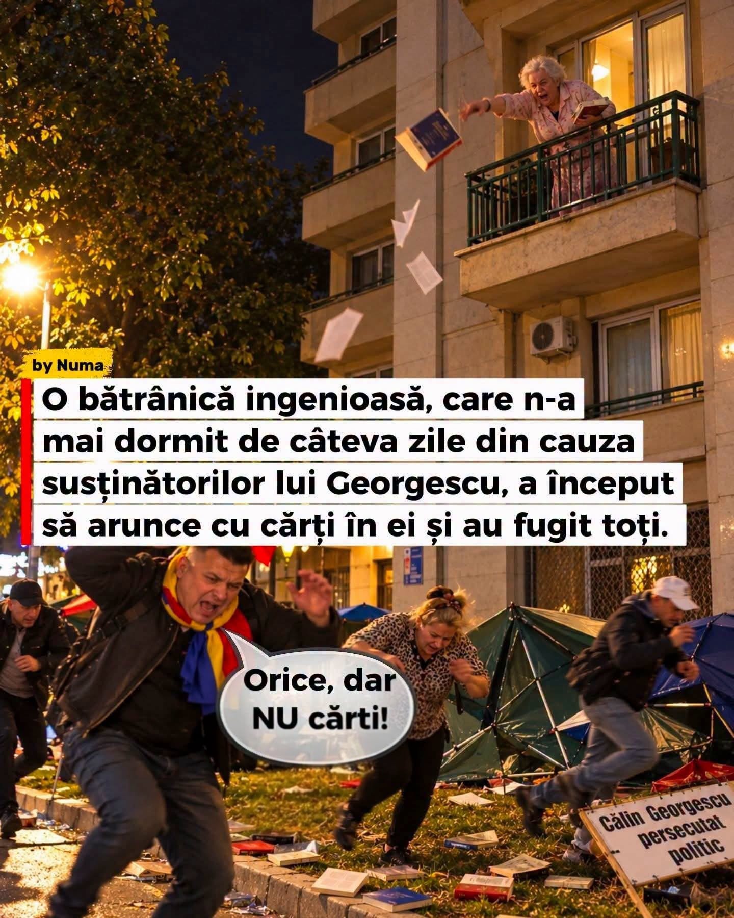 Bătrânica ingenioasă care aruncă cu cărți în suporterii lui Georgescu