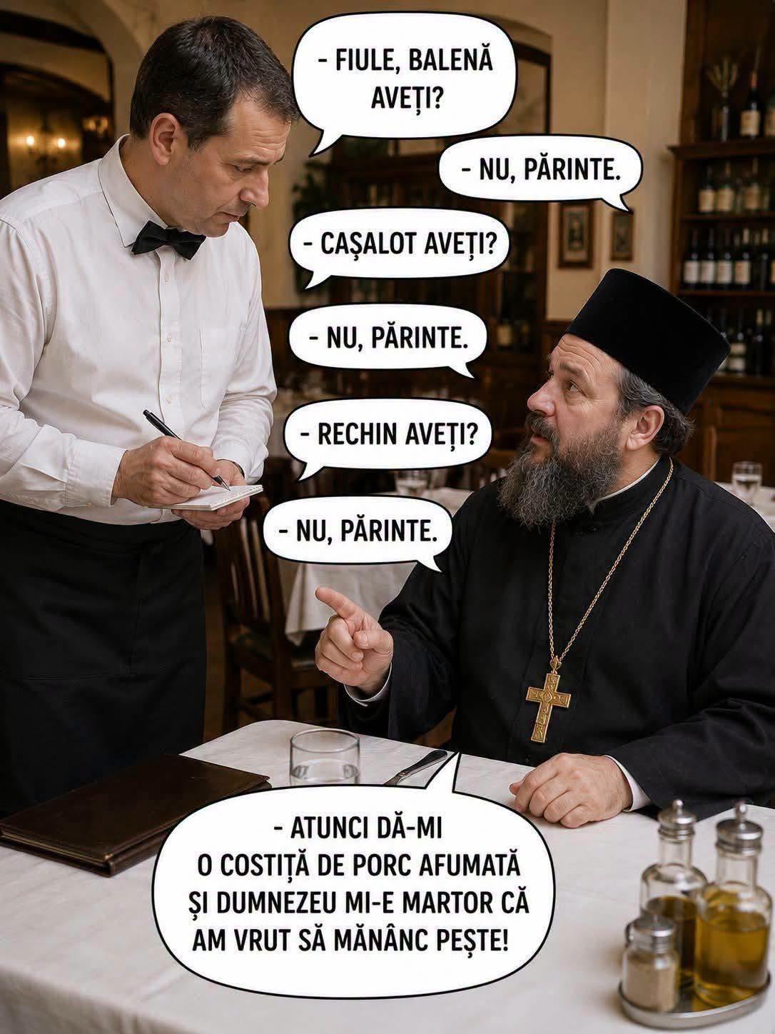 Fiule, balenă ai? Preotul la restaurant în post
