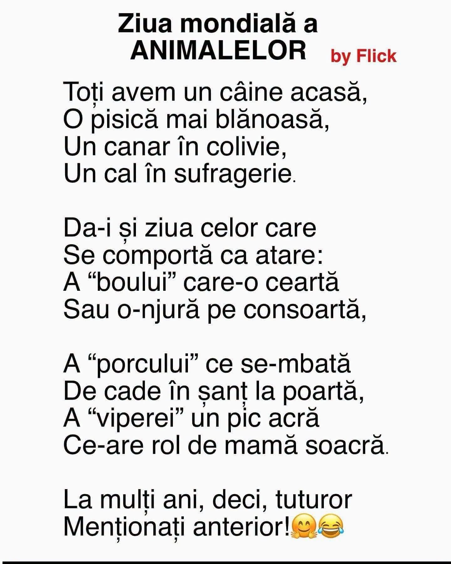 Ziua mondială a animalelor: o poezie pentru toată casa