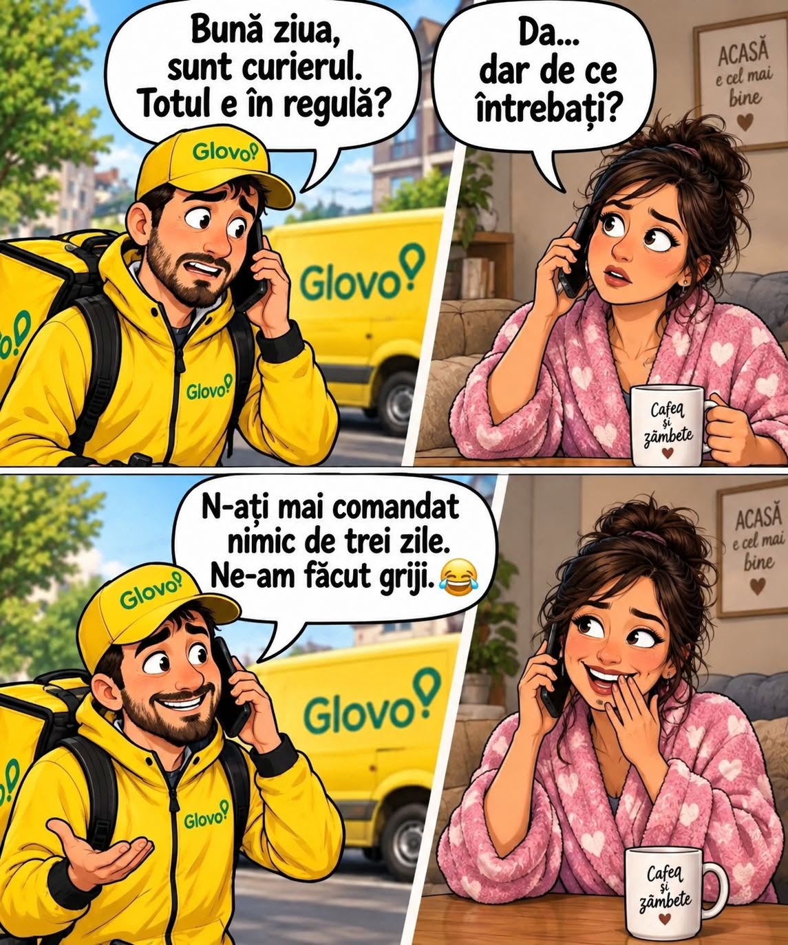 Bună ziua, sunt curierul Glovo. Totul e în regulă?