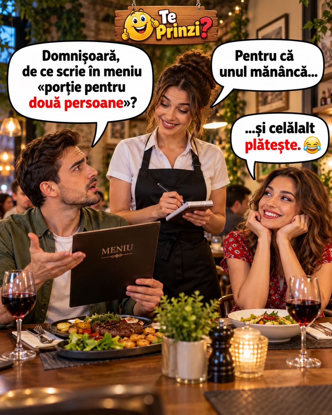 De ce scrie în meniu „porție pentru două persoane”? Pentru că unul mănâncă și celălalt plătește