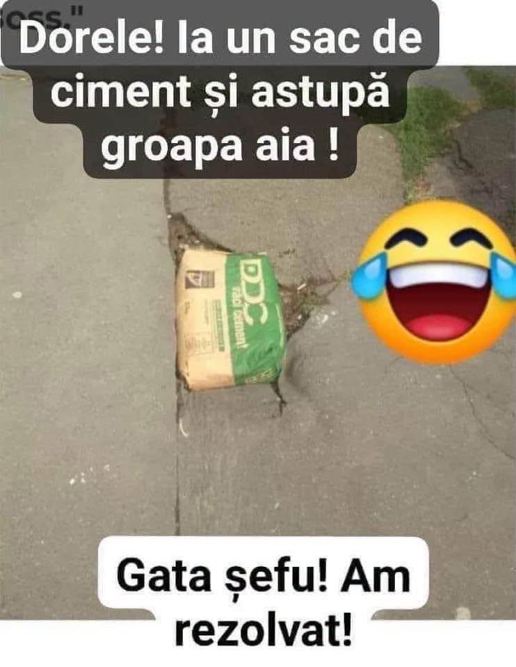 Dorele, ia un sac de ciment și astupă groapa aia! Gata, șefu', am rezolvat!