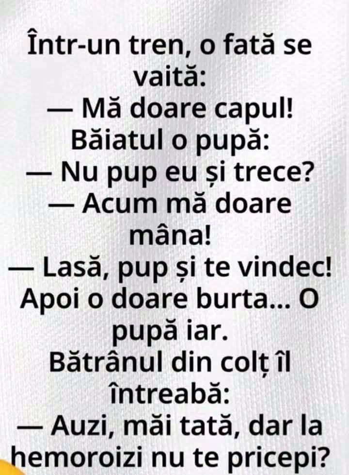 Într-un tren, băiatul o pupă pe fată ca să-i treacă durerea. Bătrânul din colț: la hemoroizi nu te pricepi?