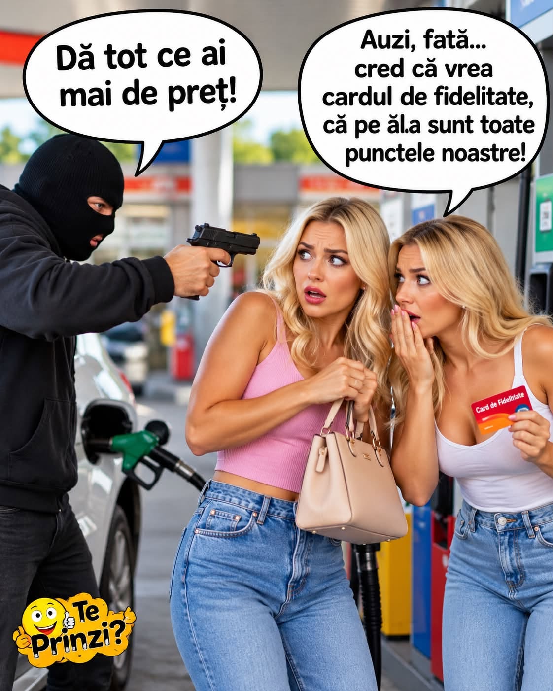 Dă tot ce ai mai de preț! Auzi, fată, cred că vrea cardul de fidelitate