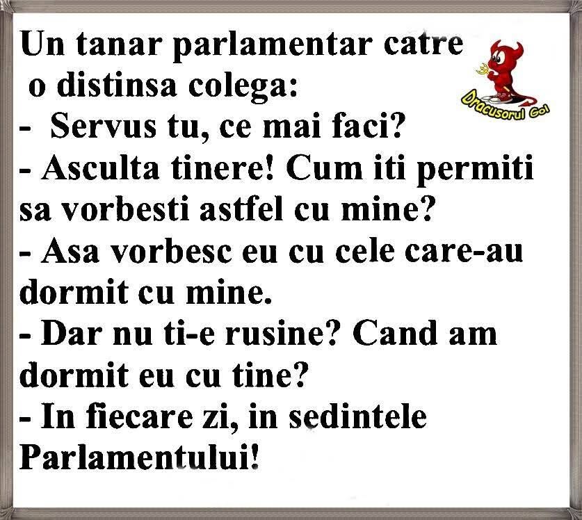 Un tânăr parlamentar către o distinsă colegă: Cum îți permiți? Așa vorbesc cu cele cu care am dormit. În ședințele Parlamentului!