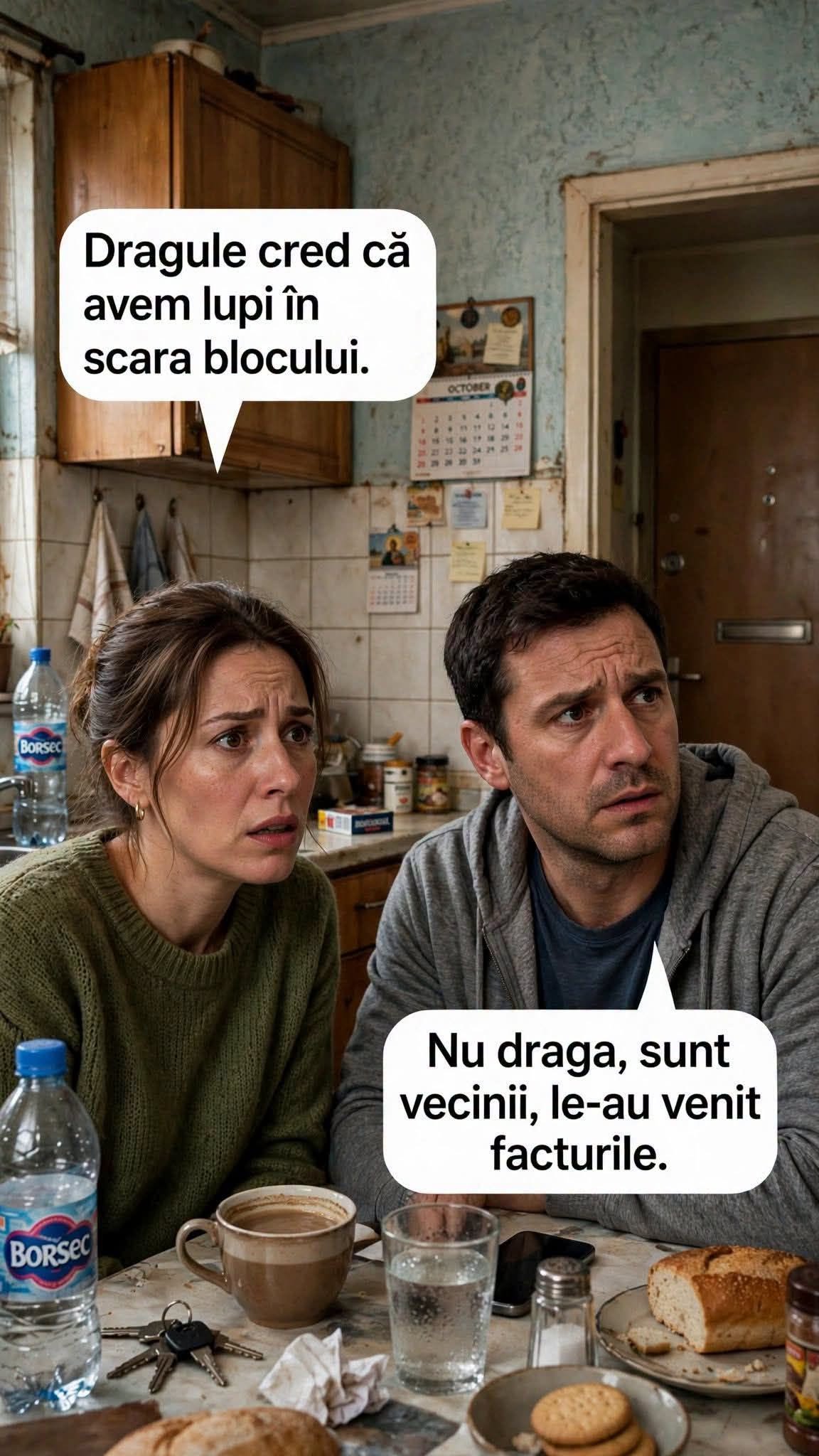 Dragule, cred că avem lupi în scara blocului. Nu, dragă, sunt vecinii, le-au venit facturile