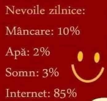 Nevoile zilnice: mâncare 10%, apă 2%, somn 3%, internet 85%