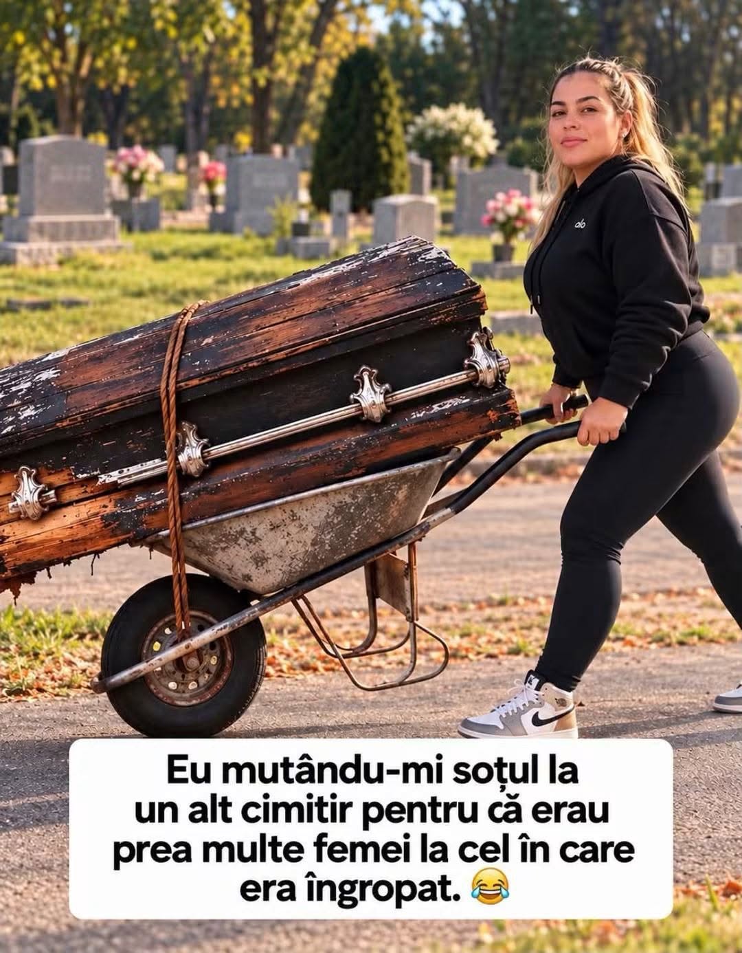 Eu mutându-mi soțul la alt cimitir, că erau prea multe femei la cel în care era îngropat