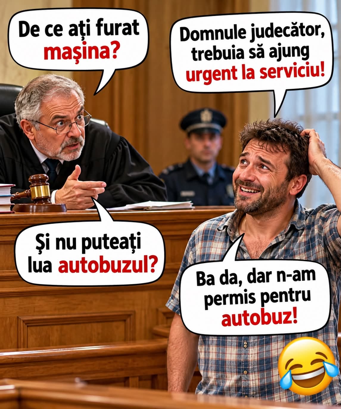 De ce ați furat mașina? Și nu puteați lua autobuzul? Ba da, dar n-am permis pentru autobuz!