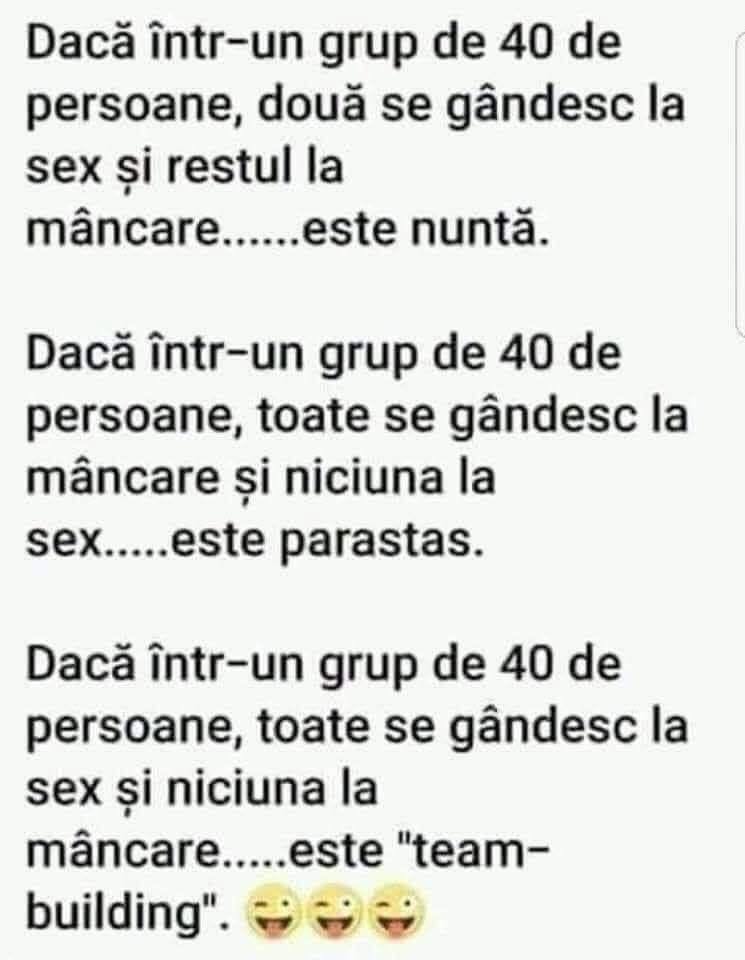 Dacă într-un grup de 40 de persoane două se gândesc la sex: nuntă, parastas sau team-building