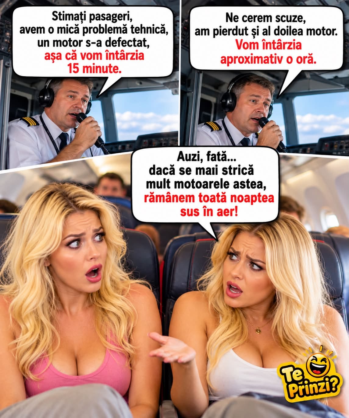 Pilotul anunță că s-a mai stricat un motor. Blonda: Rămânem toată noaptea sus în aer!