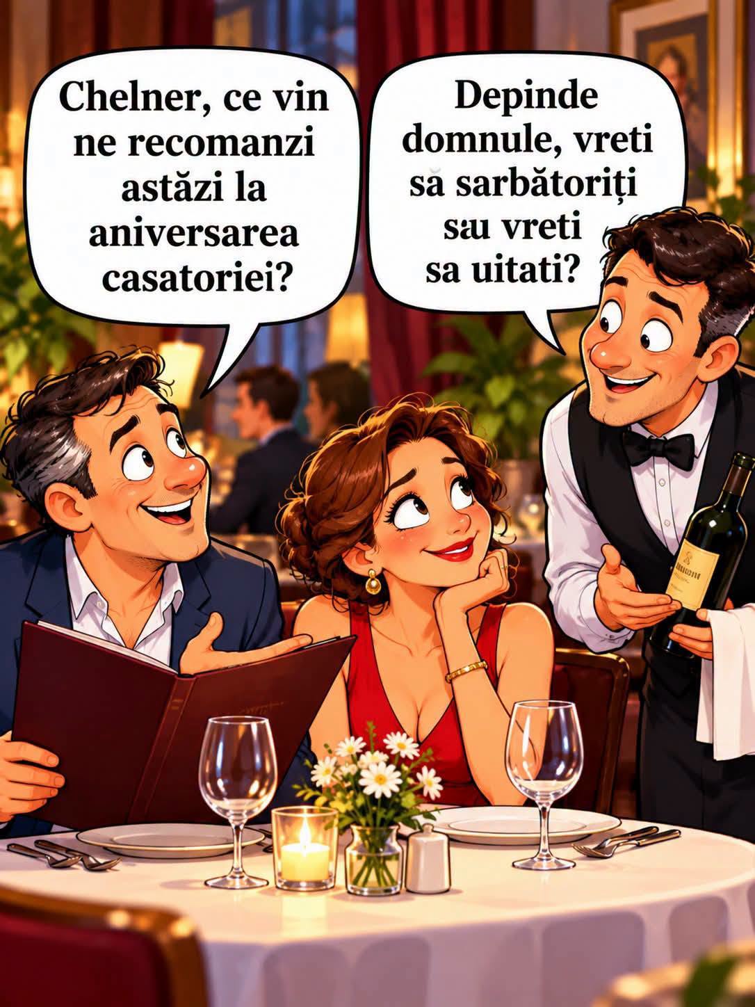 Chelner, ce vin ne recomanzi pentru aniversarea căsătoriei? Vreți să sărbătoriți sau să uitați?