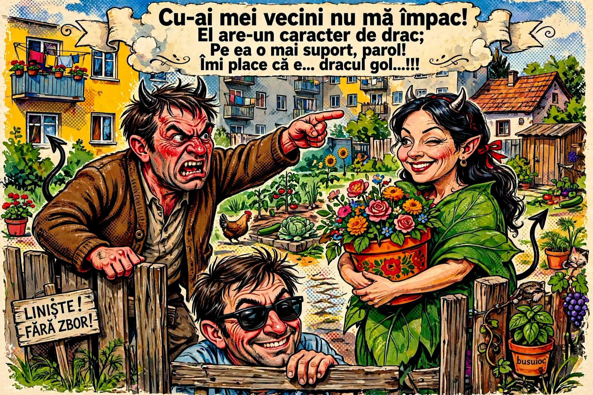 Cu-ai mei vecini nu mă împac! El are un caracter de drac, pe ea o mai suport