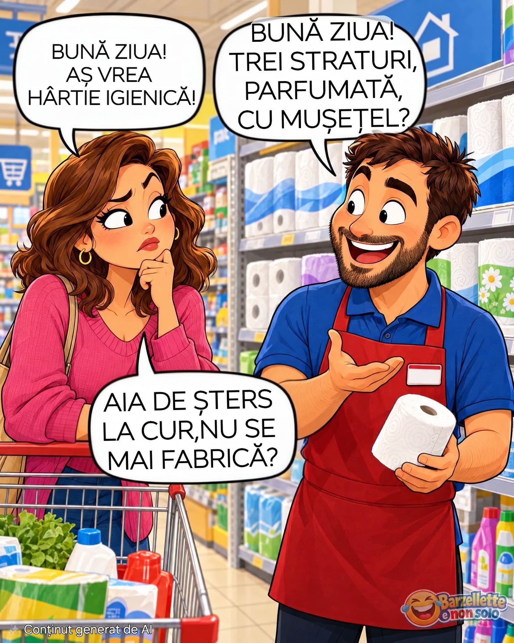 Aș vrea hârtie igienică. Trei straturi, parfumată, cu mușețel? Aia de șters la c*r nu se mai fabrică?