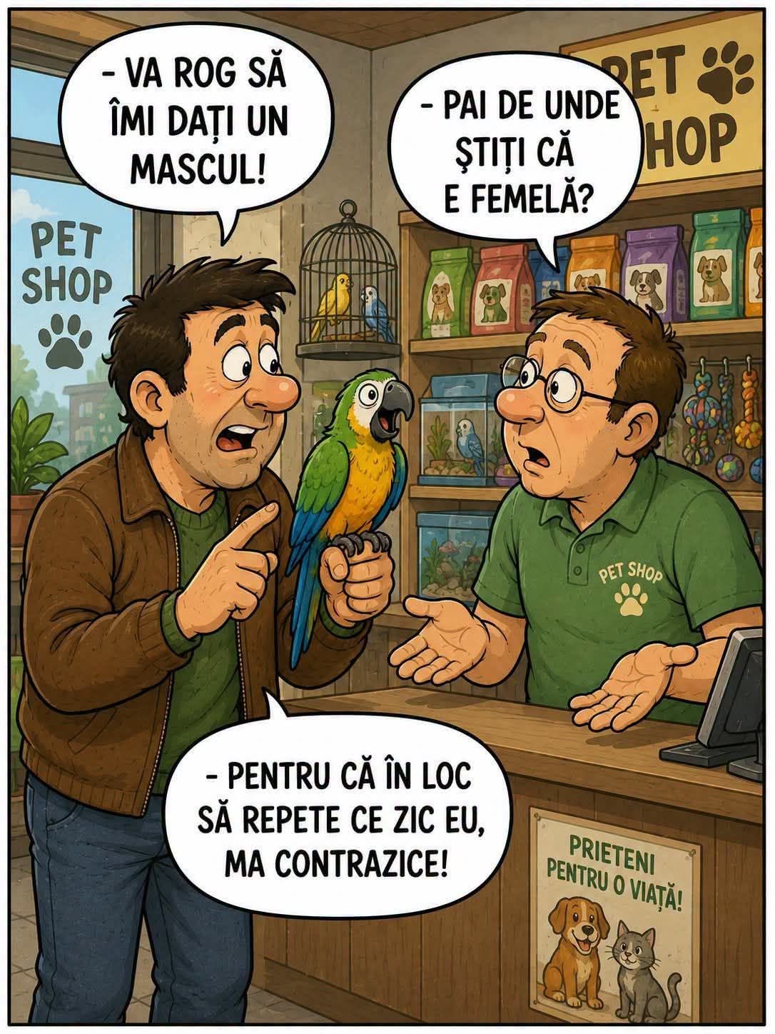 Vă rog să-mi dați un papagal mascul! De unde știți că e femelă? În loc să repete ce zic eu, mă contrazice!