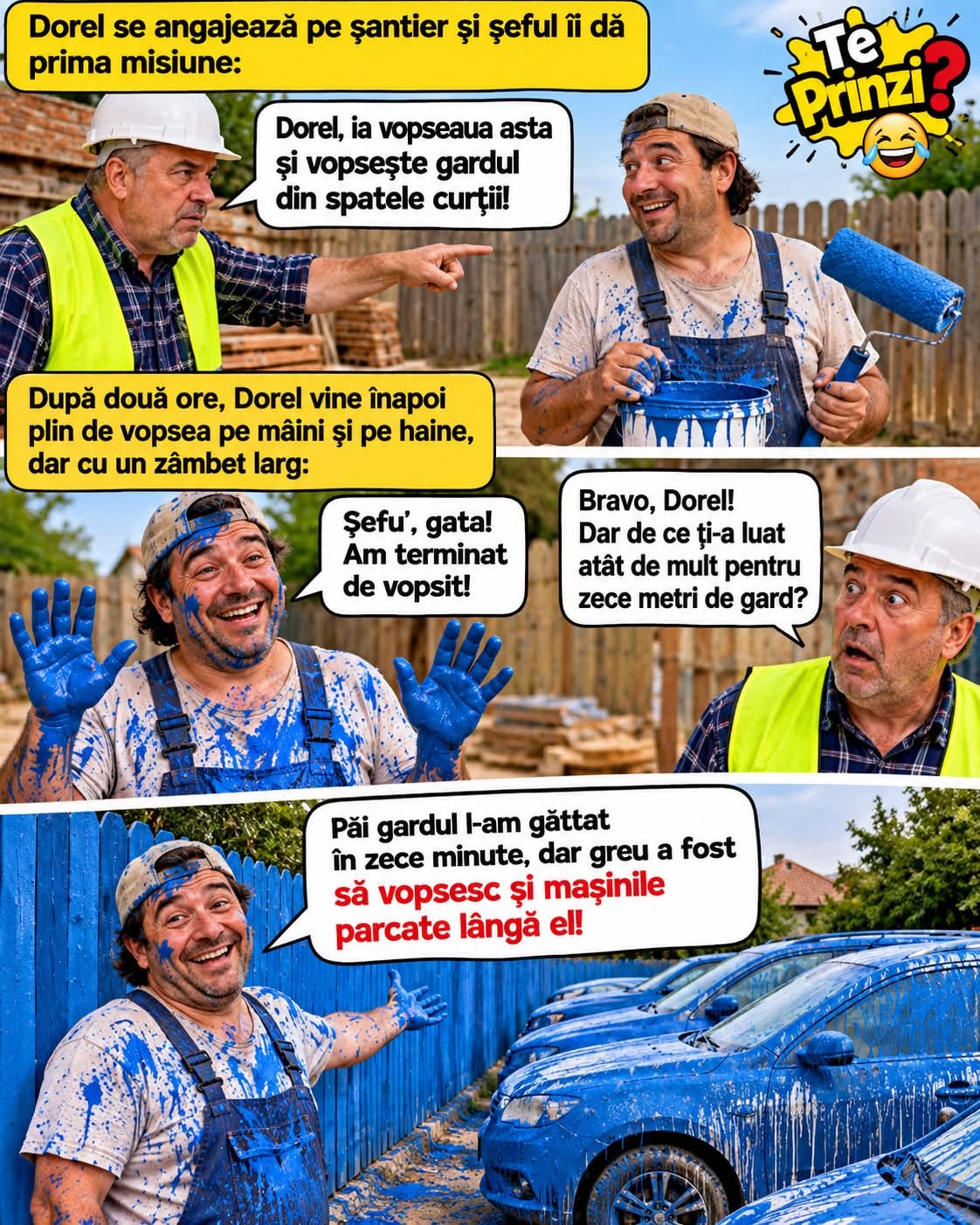 Dorel, vopsește gardul! În zece minute gata, dar greu a fost să vopsesc și mașinile parcate lângă el!