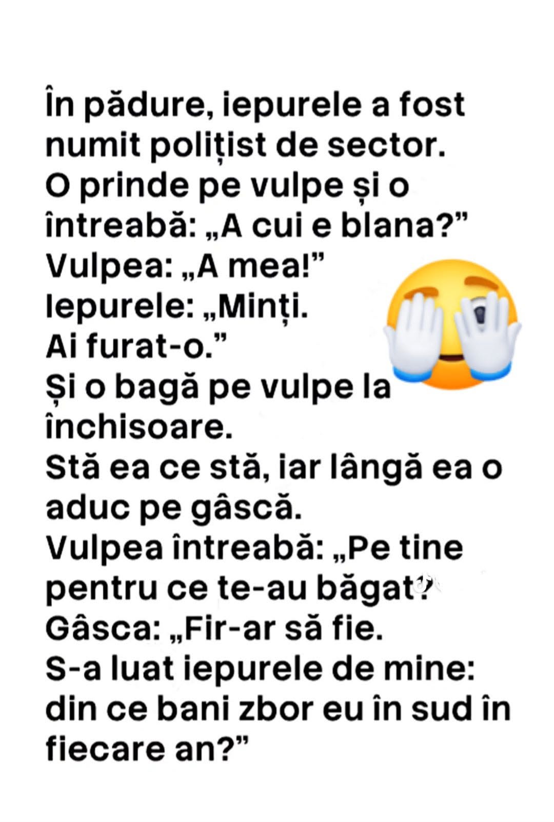 Iepurele polițist o închide pe vulpe pentru blană. Gâsca: s-a luat de mine, din ce bani zbor eu în sud în fiecare an?