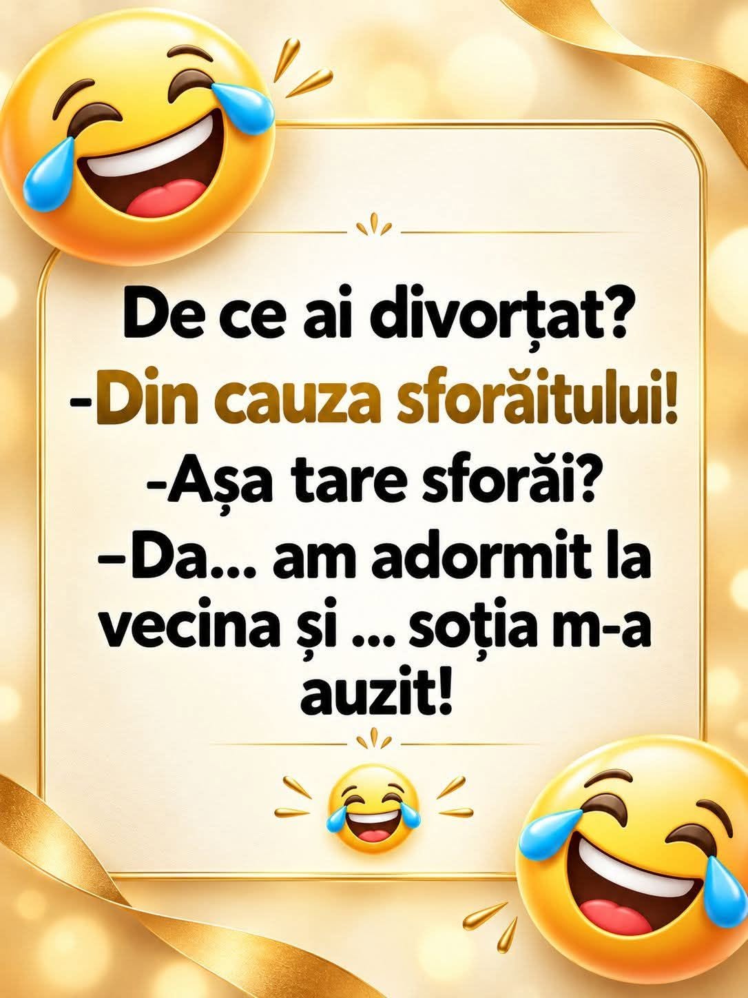 De ce ai divorțat? Din cauza sforăitului. Am adormit la vecina și soția m-a auzit