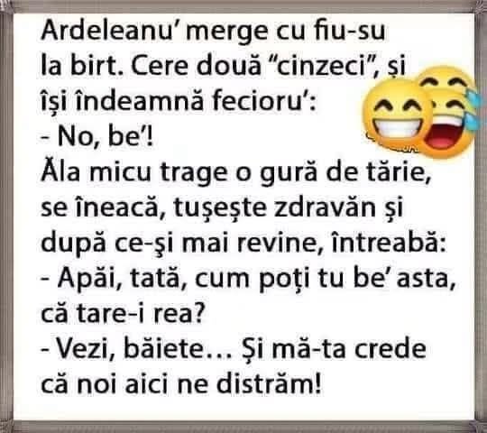 Ardeleanu' cu fiu-su la birt: Apăi, tată, cum poți tu be' asta? Vezi, băiete... și mă-ta crede că noi aici ne distrăm!