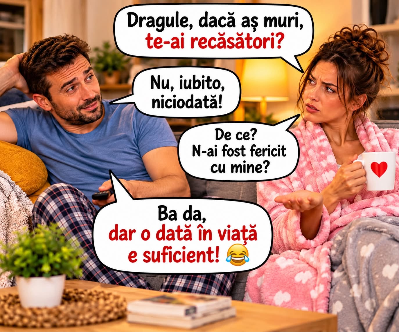 Dragule, dacă aș muri, te-ai recăsători? Nu, niciodată! N-ai fost fericit cu mine? Ba da, dar o dată în viață e suficient!