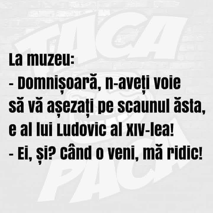 La muzeu: Domnișoară, n-aveți voie pe scaunul lui Ludovic al XIV-lea! Ei, și? Când o veni, mă ridic!