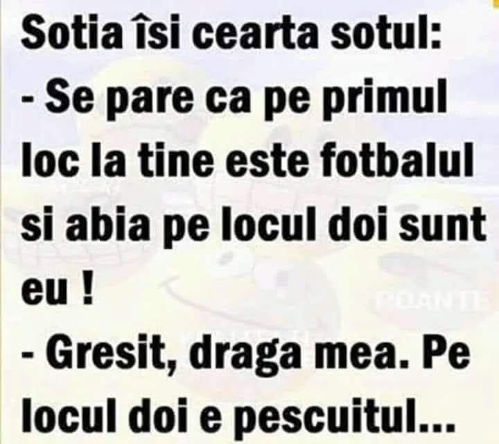 Se pare că pe primul loc la tine e fotbalul și abia pe locul doi sunt eu! Greșit, draga mea, pe locul doi e pescuitul