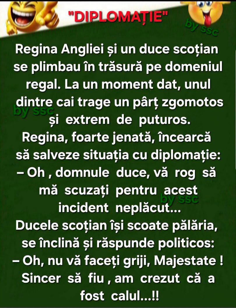 Regina Angliei și un duce scoțian în trăsură. Unul dintre cai trage un pârț. Nu vă faceți griji, Majestate, am crezut că a fost calul!