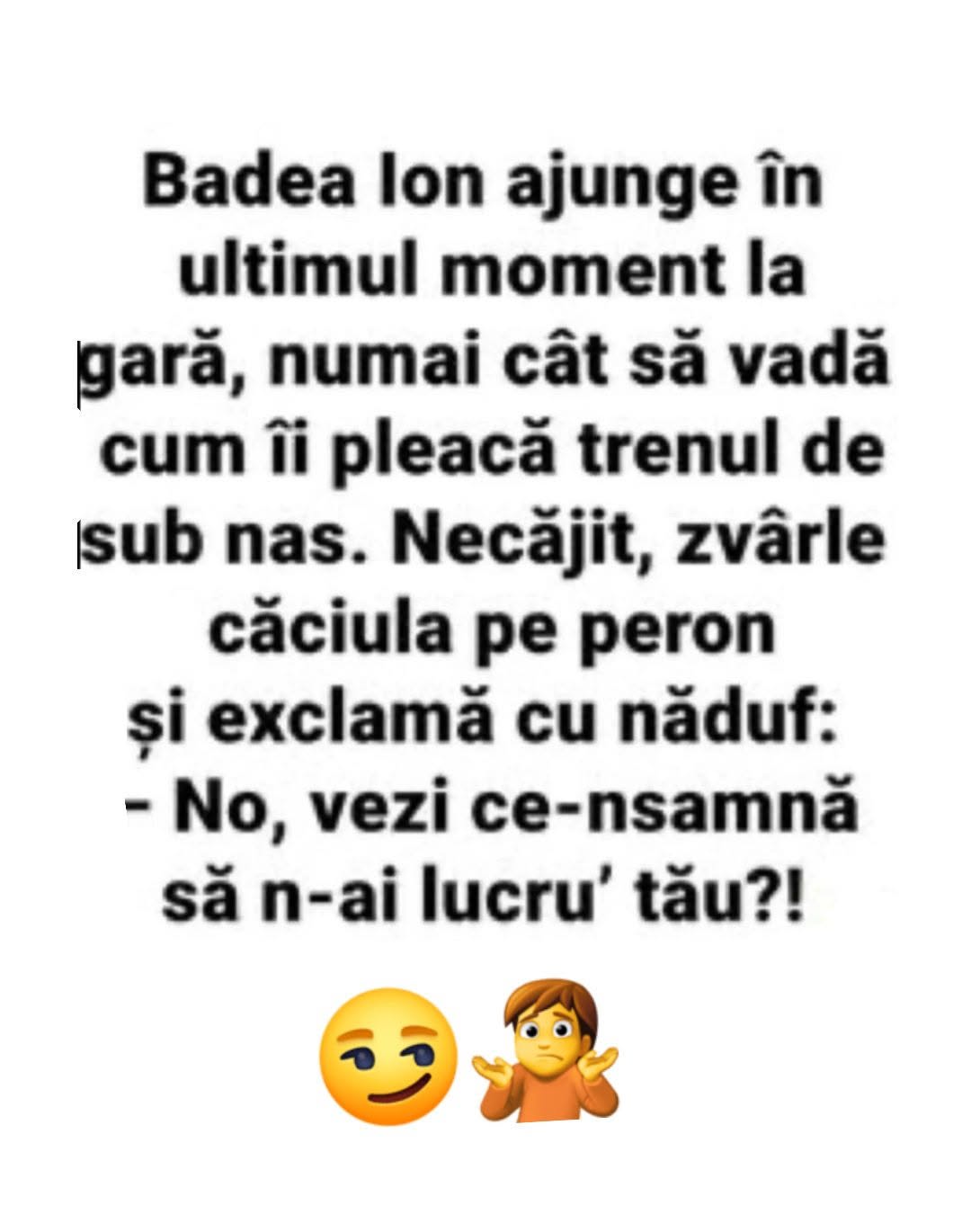 Badea Ion pierde trenul la gară, zvârle căciula: No, vezi ce-nsamnă să n-ai lucru' tău?!