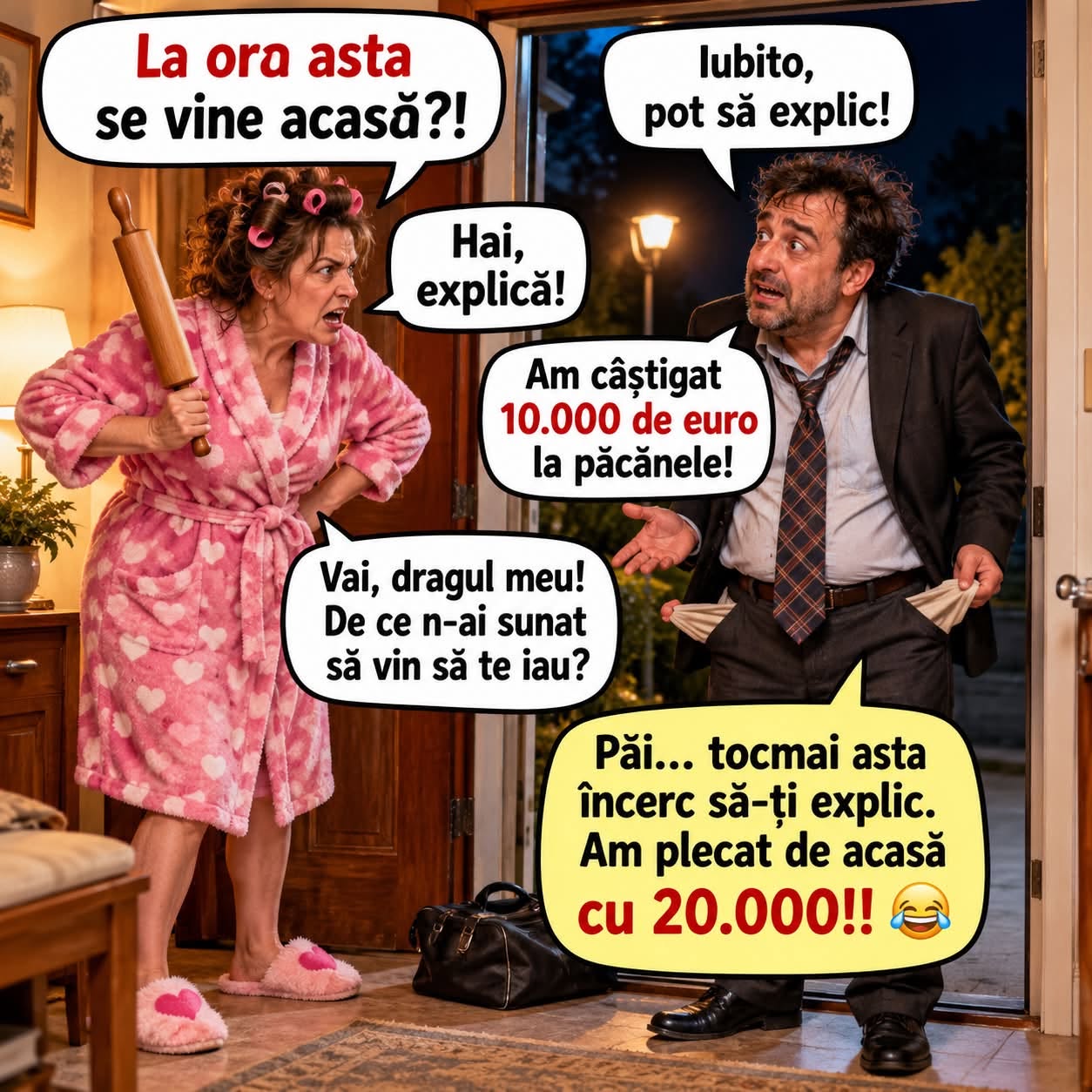 La ora asta se vine acasă?! Am câștigat 10.000 de euro la păcănele! Păi tocmai asta încerc să-ți explic, am plecat de acasă cu 20.000!